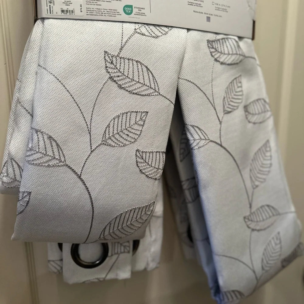 NWT Sonoma Finley White/Gray Embroidered Leaf Blackout Curtains- 84”